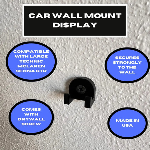 A black Chatelet Manufacturing wall mount for Lego Technic Lamborghini Huracán Tecnica 42161 is attached to a textured white wall. Blue circles highlight the vertical chassis display, strong wall attachment, drywall screw, and USA-made quality.