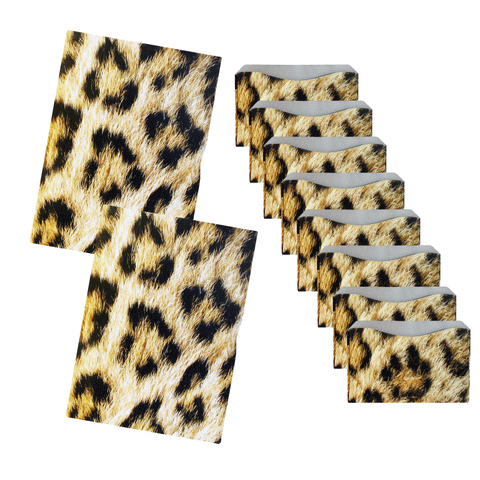 Eight Rogue Industries RFID Blocking Credit Card Sleeves – Leopard and two leopard print notebooks are displayed on a white background, with the sleeves fanned out beside the notebooks.