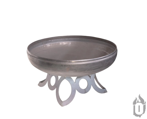 The Ohio Flame Liberty Fire Pit With Circular Base, made in the USA from round American steel with a smooth bowl and decorative cutout base, is shown against a white background with a flame logo and includes a lifetime warranty.