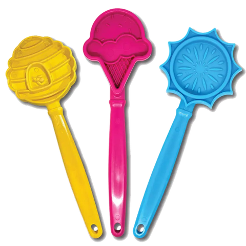 The SodaPup Lick Stick Hand-Held Interactive Enrichment Toys are colorful plastic molds with handles that make playful shapes in sand and double as food-based enrichment tools for creative play.