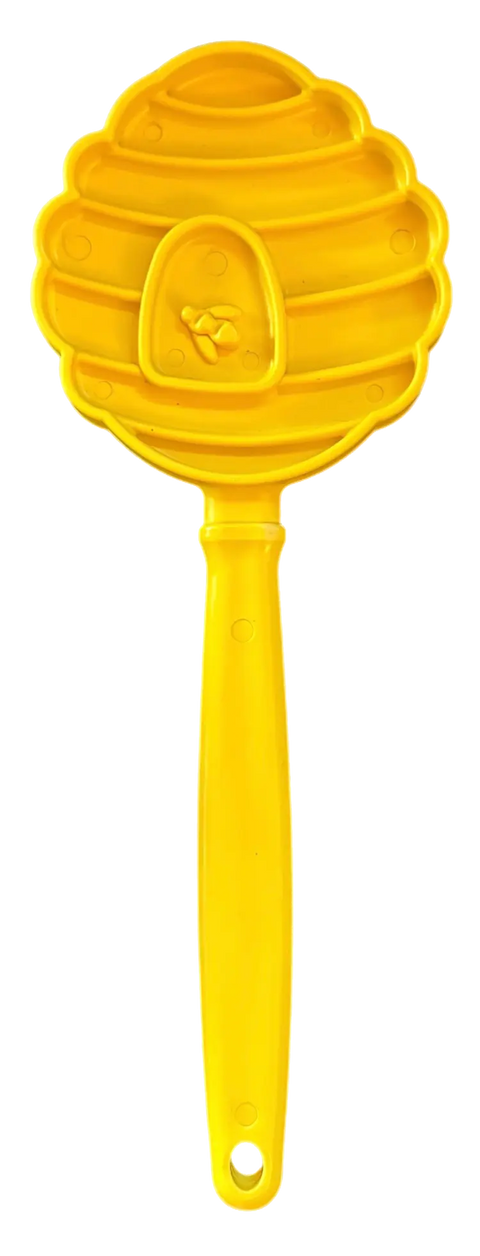 The SodaPup Lick Stick Hand-Held Interactive Enrichment Toy is a yellow, beehive-shaped plastic paddle with a bee design—ideal for use as a dog training target stick or for food-based enrichment activities.