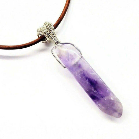 Light Amethyst Crystal Point Pendant Necklace – Silver Wrapped Leather Cord | Made in USA Alexa Martha Designs  Necklace