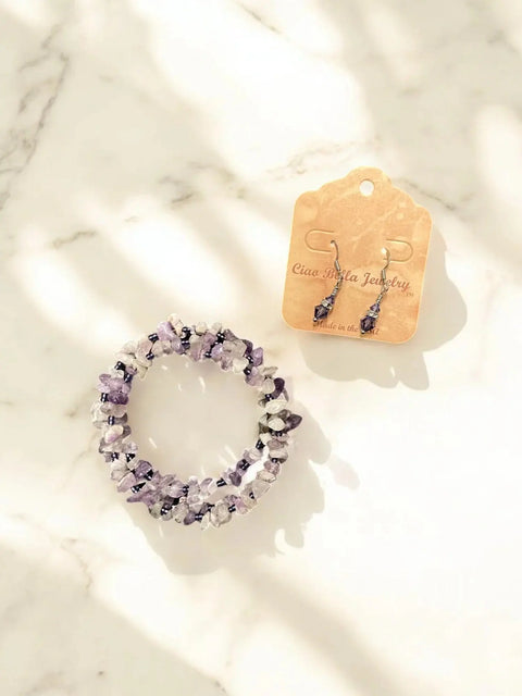 Light Amethyst Gemstone Wrap Bracelet And Crystal Drop Earrings Set – Handmade Jewelry | Made In USA Michelle Marie Boutique  Bracelet