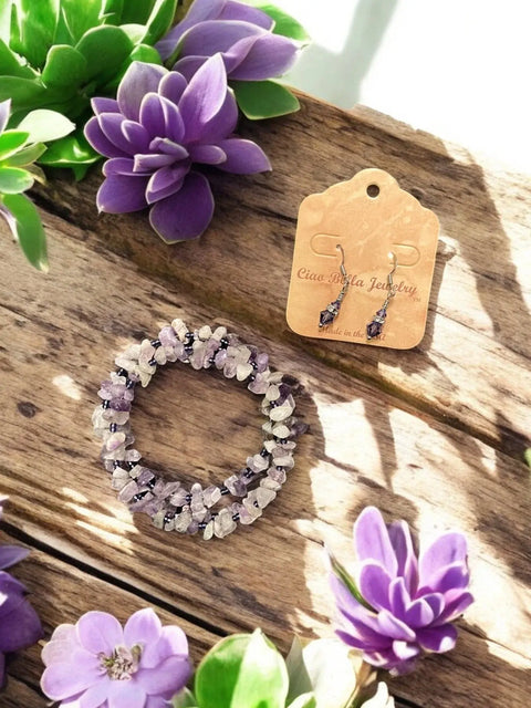 Light Amethyst Gemstone Wrap Bracelet And Crystal Drop Earrings Set – Handmade Jewelry | Made In USA Michelle Marie Boutique  Bracelet