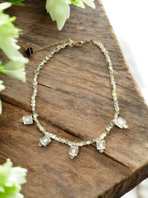 Light Peridot Crystal Beaded Necklace With Clear Square Pendants – Adjustable Length | Made in USA Michelle Marie Boutique  Necklaces