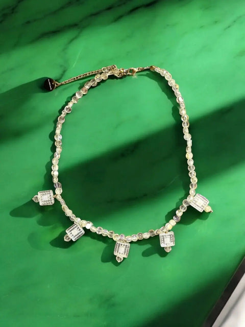 Light Peridot Crystal Beaded Necklace With Clear Square Pendants – Adjustable Length | Made in USA Michelle Marie Boutique  Necklaces