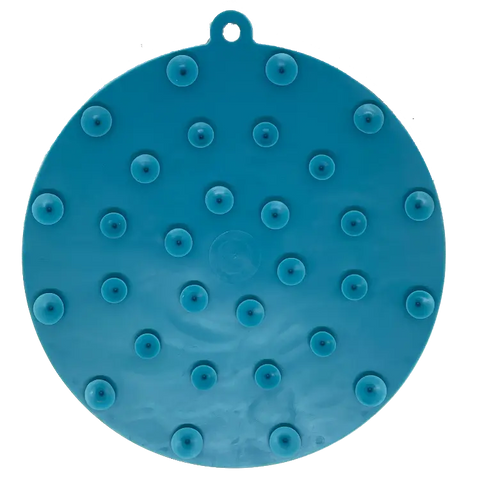 The SodaPup Lighthouse EMat Enrichment Lick Mat features a round blue silicone design with suction cups and a hanging hole, offering a brain challenge for dogs.