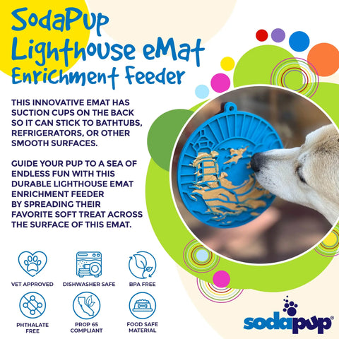 A dog licks a blue Lighthouse EMat Enrichment Lick Mat With Suction Cups by SodaPup, held by a person. Shown features: dishwasher safe, BPA free, and ideal for spreading soft treats to mentally stimulate your dog.