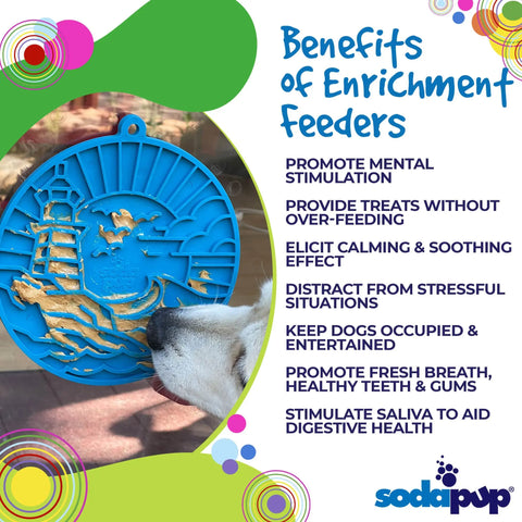 A dog enjoys the SodaPup Lighthouse EMat Enrichment Lick Mat With Suction Cups, which promotes mental stimulation, reduces over-eating, calms, entertains, supports dental health, and challenges a dogs brain.
