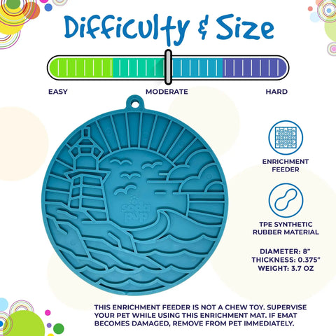 The SodaPup Lighthouse EMat Enrichment Lick Mat With Suction Cups is a blue, round TPE rubber mat (8 diameter, 0.375 thick, 3.7 oz) featuring lighthouse and ocean designs; moderate on the Dogs Brain Challenge scale.