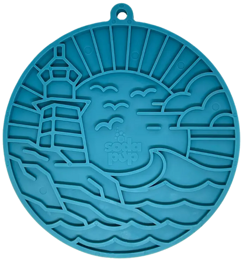 The SodaPup Lighthouse EMat Enrichment Lick Mat With Suction Cups is a round, blue silicone mat with a raised lighthouse design, perfect for mentally stimulating your dog.