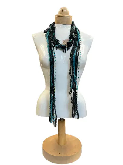 Lightweight Boho Beaded Mohair Scarf Necklace – Aqua Blue Black Gold Accents | Made in USA Michelle Marie Boutique  Scarf