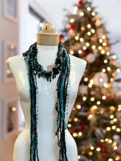 Lightweight Boho Beaded Mohair Scarf Necklace – Aqua Blue Black Gold Accents | Made in USA Michelle Marie Boutique  Scarf