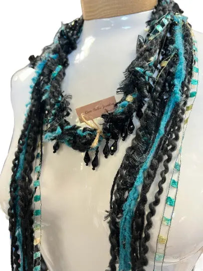 Lightweight Boho Beaded Mohair Scarf Necklace – Aqua Blue Black Gold Accents | Made in USA Michelle Marie Boutique  Scarf
