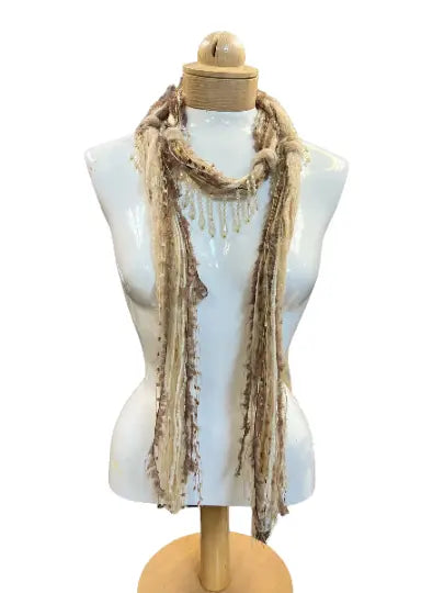 Lightweight Boho Beaded Mohair Scarf Necklace – Tan Taupe Gold Accent | Made in USA Michelle Marie Boutique  Scarf