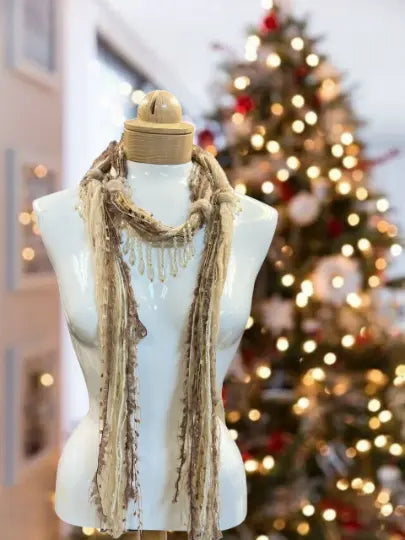 Lightweight Boho Beaded Mohair Scarf Necklace – Tan Taupe Gold Accent | Made in USA Michelle Marie Boutique  Scarf