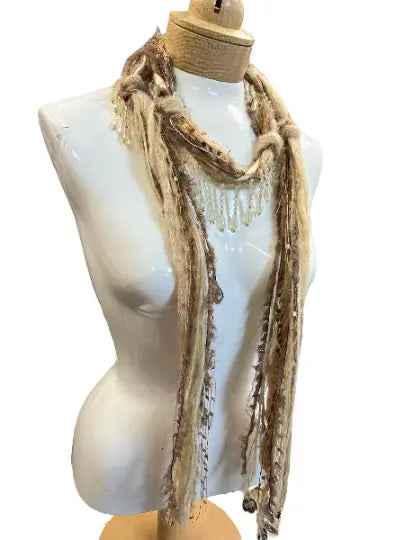 Lightweight Boho Beaded Mohair Scarf Necklace – Tan Taupe Gold Accent | Made in USA Michelle Marie Boutique  Scarf