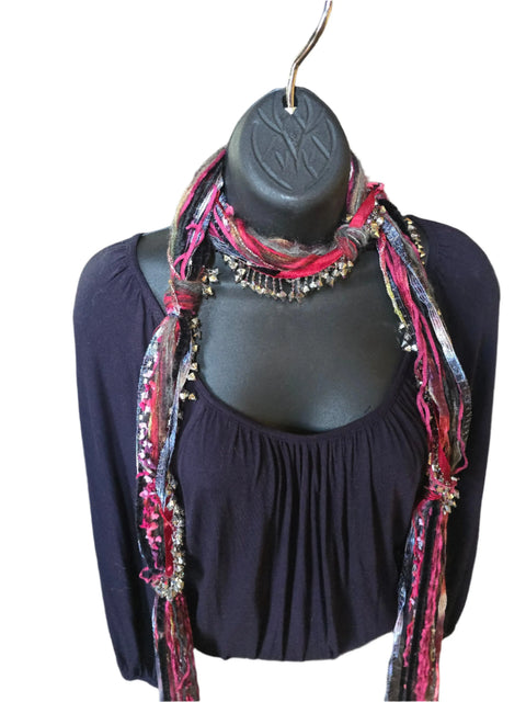 Lightweight Boho Scarf Necklace With Red Black Silk Yarn and Silver Beads – Made in USA Michelle Marie Boutique  Scarf