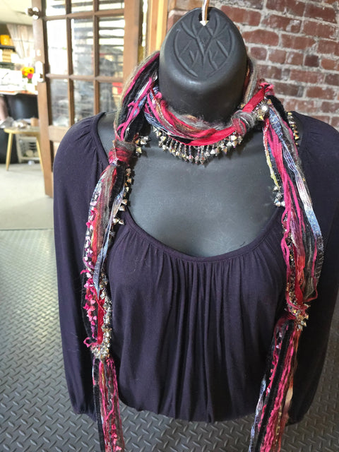 Lightweight Boho Scarf Necklace With Red Black Silk Yarn and Silver Beads – Made in USA Michelle Marie Boutique  Scarf