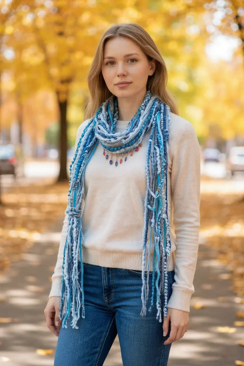 Lightweight Navy and Blue Mohair Beaded Scarf Necklace – Boho Silk Yarn Accessory | Made in USA Michelle Marie Boutique  Scarf