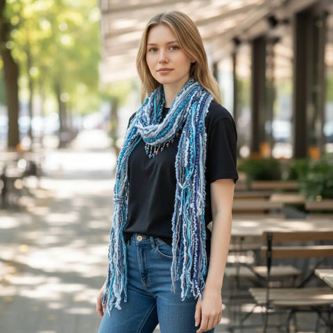 Lightweight Navy and Blue Mohair Beaded Scarf Necklace – Boho Silk Yarn Accessory | Made in USA Michelle Marie Boutique  Scarf