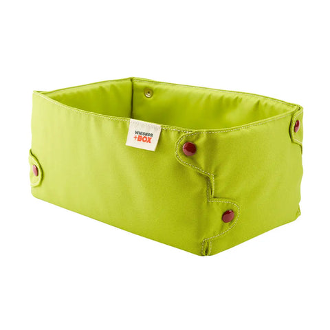 A rectangular, open-top, lime green fabric cat box with maroon snaps and a small Whisker+Box label—New! Lime With Maroon Snaps is the eco-friendly hideout your cat will love.