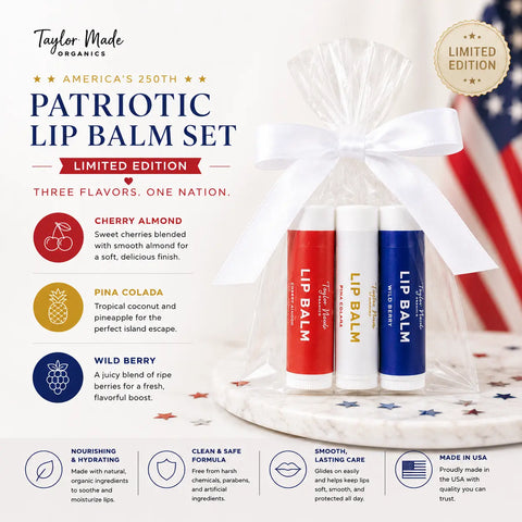 Limited Edition Patriotic Lip Balm Trio – Organic Lip Care Set with Summer Scents | Made in USA Taylor Made Organics  lip balm