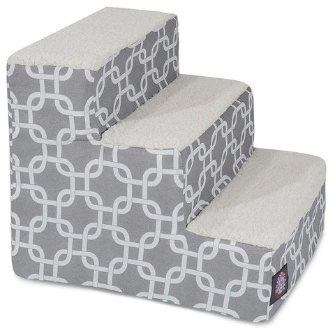 The Majestic Pet Links 3 Step Pet Stairs (Heavy Duty) features gray sides with a white interlocking pattern and soft Sherpa cushions, offering lasting comfort and support for dogs and cats.