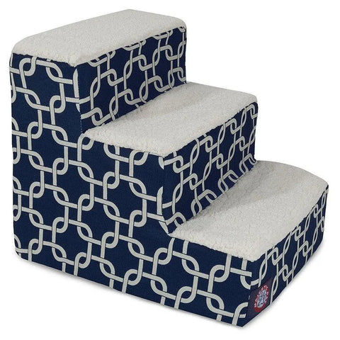 The Majestic Pet Links 3 Step Pet Stairs (Heavy Duty) features a navy blue and white geometric design on the sides and soft Sherpa cushions, offering comfortable, stylish support for your dog or cat.