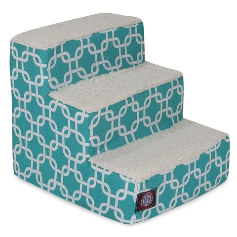 Majestic Pet Links 3 Step Pet Stairs (Heavy Duty) feature a teal and white geometric pattern, soft cream Sherpa cushions on each step, and sturdy construction to help pets safely climb onto furniture.