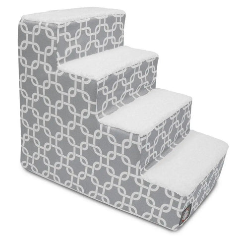The Majestic Pet Links 4 Step Pet Stairs (Heavy-Duty) feature Sherpa cushions on each tread and a gray and white geometric design, offering plush comfort to help pets easily reach higher surfaces.
