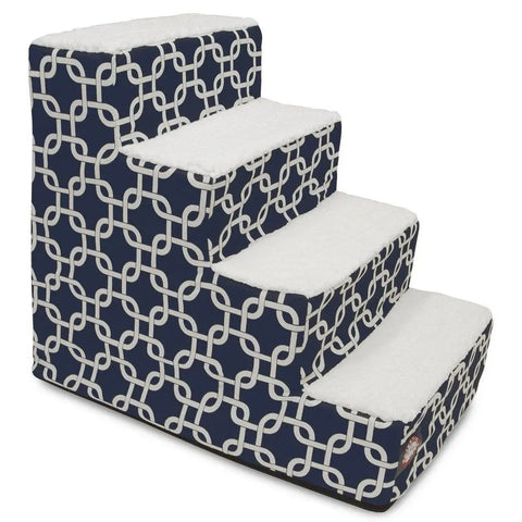 The Majestic Pet Links 4 Step Pet Stairs (Heavy-Duty) have four steps, navy blue and white interlocking sides, and soft Sherpa cushions on each step for comfort.