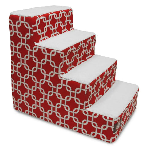 Majestic Pet Links 4 Step Pet Stairs (Heavy-Duty) feature a red design with a white interlocking chain pattern and Sherpa cushions, offering comfort and support to help pets safely reach higher surfaces.