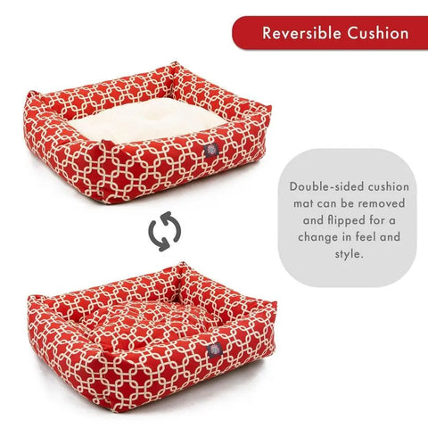 The Majestic Pet Links Luxe Bagel Bed - Personalized features a red and white pattern, plush fiberfill, a removable reversible cushion (cream/patterned), and a washable slipcover for easy style changes and comfort.