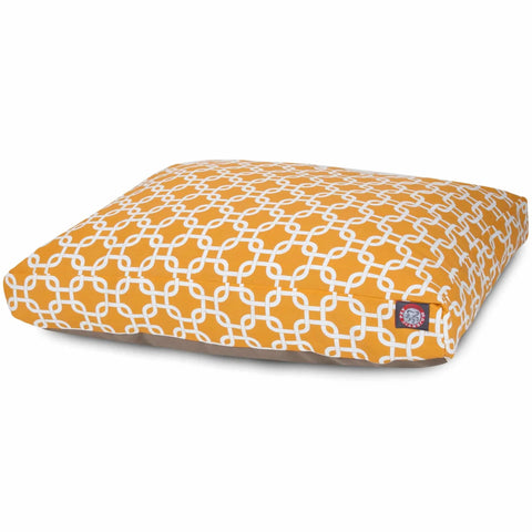 The Majestic Pet Links Rectangle Dog Bed features an orange washable cover with a white chain-link pattern, premium polyester fiber fill, and a small corner label. Shown against a white background.