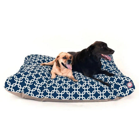 Two dogs, one small and tan, the other large and black, relax on the Majestic Pet Links Rectangle Dog Bed. Both look comfortable with their tongues out, enjoying the premium polyester fiber fill.