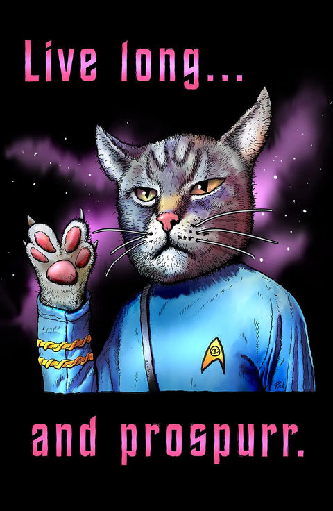Poster, “Live Long and Prospurr” by Skinny Petes Gourmet Catnip features a gray cat in a blue Star Trek uniform giving the Vulcan salute, with pink text and a purple starry space background—ideal sci-fi wall art for any Star Trek cat fan.