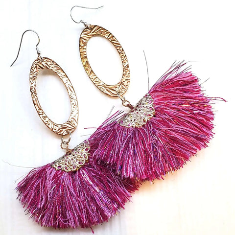 Long Copper Embossed Earrings with Pink Purple Metallic Silk Tassels 5 Inch | Made in USA Alexa Martha Designs  Earrings