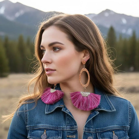 Long Copper Embossed Earrings with Pink Purple Metallic Silk Tassels 5 Inch | Made in USA Alexa Martha Designs  Earrings