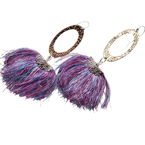 Long Copper Embossed Earrings with Pink Purple Metallic Silk Tassels 5 Inch | Made in USA Alexa Martha Designs  Earrings