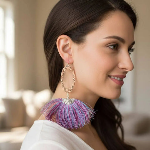 Long Copper Embossed Earrings with Pink Purple Metallic Silk Tassels 5 Inch | Made in USA Alexa Martha Designs  Earrings