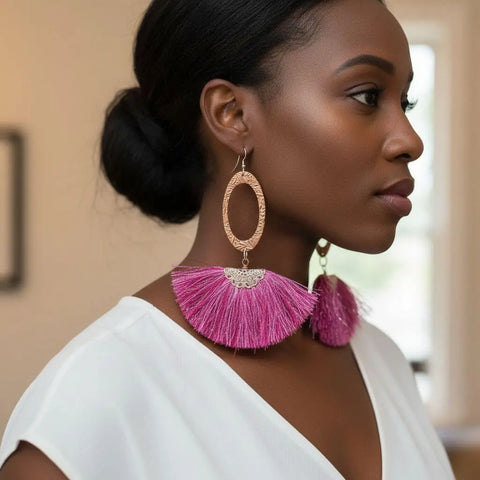 Long Copper Embossed Earrings with Pink Purple Metallic Silk Tassels 5 Inch | Made in USA Alexa Martha Designs  Earrings