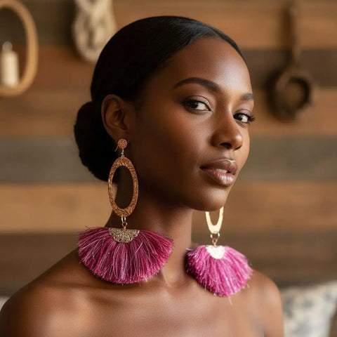 Long Copper Embossed Earrings with Pink Purple Metallic Silk Tassels 5 Inch | Made in USA Alexa Martha Designs  Earrings