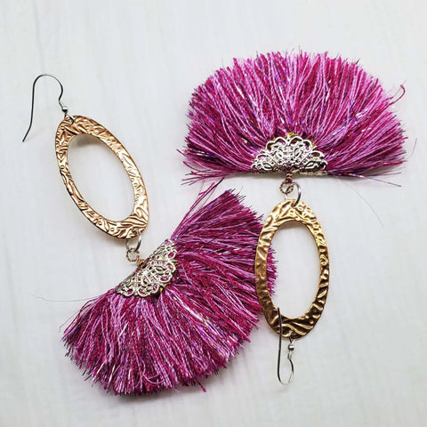 Long Copper Embossed Earrings with Pink Purple Metallic Silk Tassels 5 Inch | Made in USA Alexa Martha Designs  Earrings