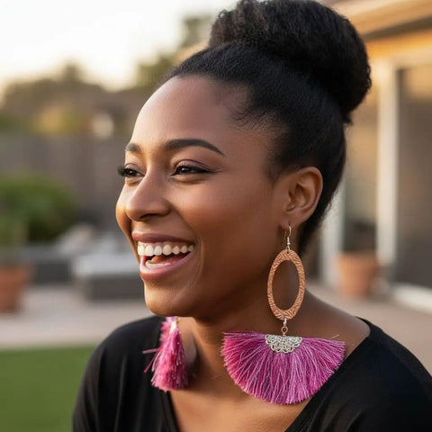 Long Copper Embossed Earrings with Pink Purple Metallic Silk Tassels 5 Inch | Made in USA Alexa Martha Designs  Earrings