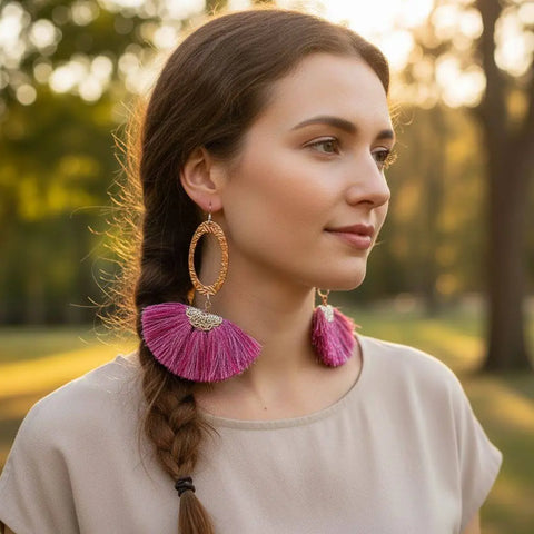Long Copper Embossed Earrings with Pink Purple Metallic Silk Tassels 5 Inch | Made in USA Alexa Martha Designs  Earrings