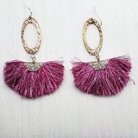 Long Copper Embossed Earrings with Pink Purple Metallic Silk Tassels 5 Inch | Made in USA Alexa Martha Designs  Earrings