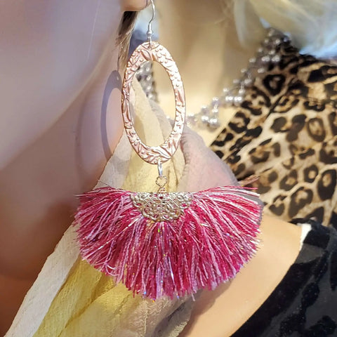 Long Copper Embossed Earrings with Pink Purple Metallic Silk Tassels 5 Inch | Made in USA Alexa Martha Designs  Earrings