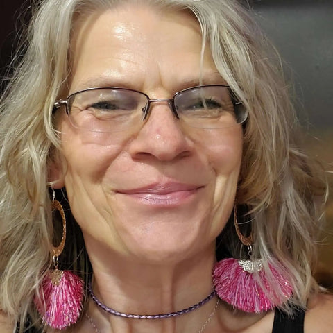 Long Copper Embossed Earrings with Pink Purple Metallic Silk Tassels 5 Inch | Made in USA Alexa Martha Designs  Earrings