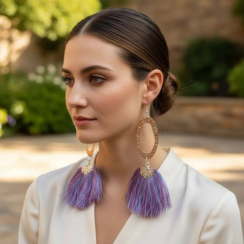 Long Copper Embossed Earrings with Pink Purple Metallic Silk Tassels 5 Inch | Made in USA Alexa Martha Designs  Earrings
